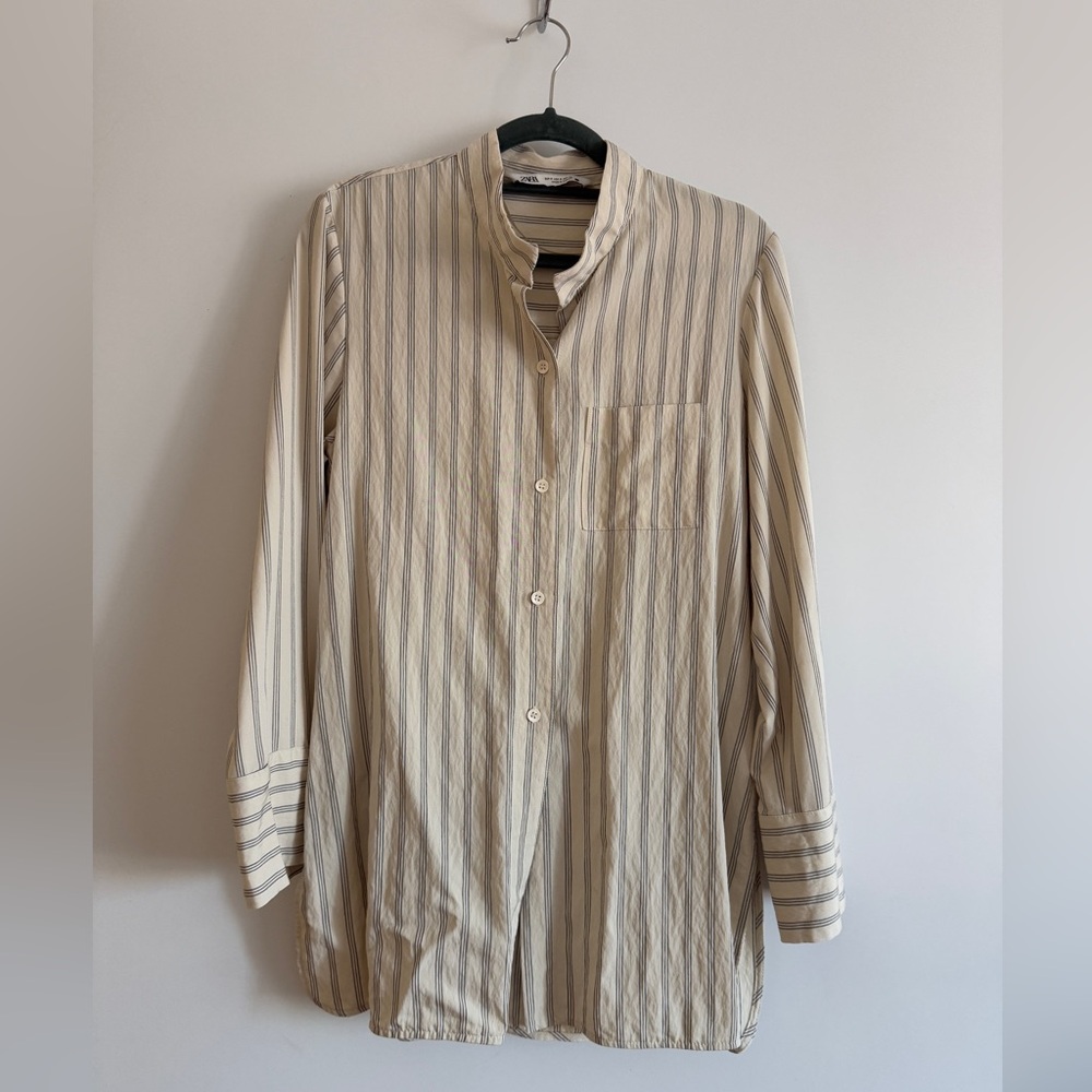 Cream and Grey Striped Button-Up Shirt